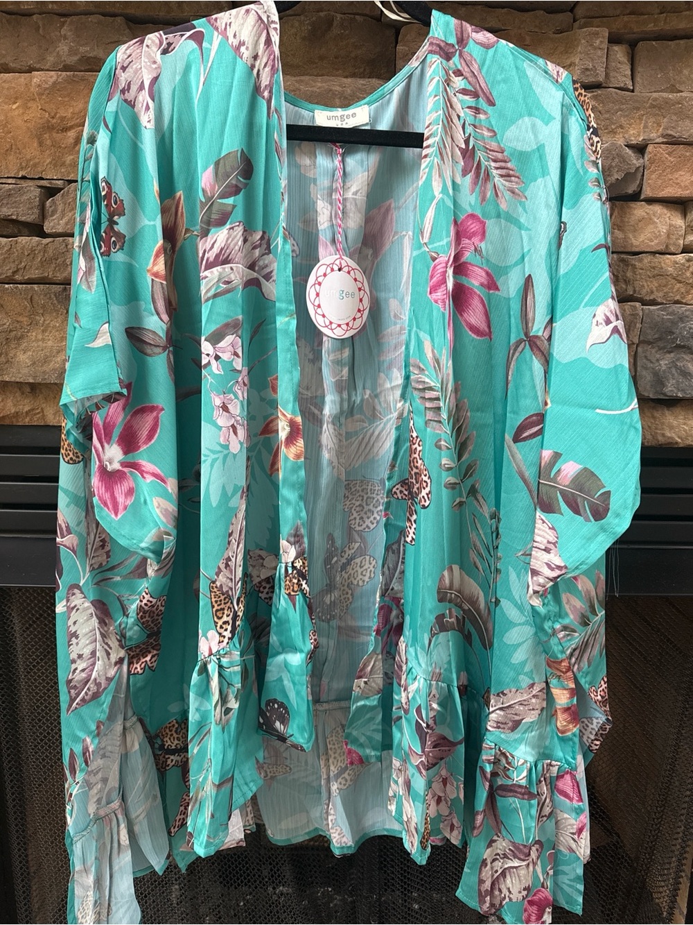 Umgee Turquoise and Pink Floral Kimono Style Open Front Relaxed Fit Cardigan